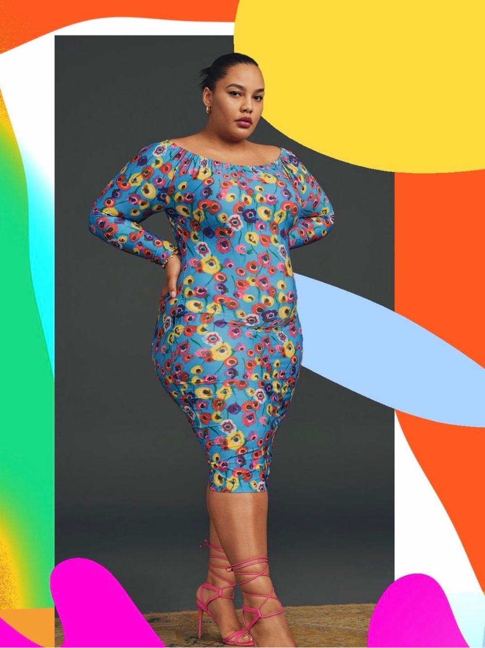 Jonathan Cohen Blue Floral Off Shoulder Midi Dress 4XL Long Sleeve NWT